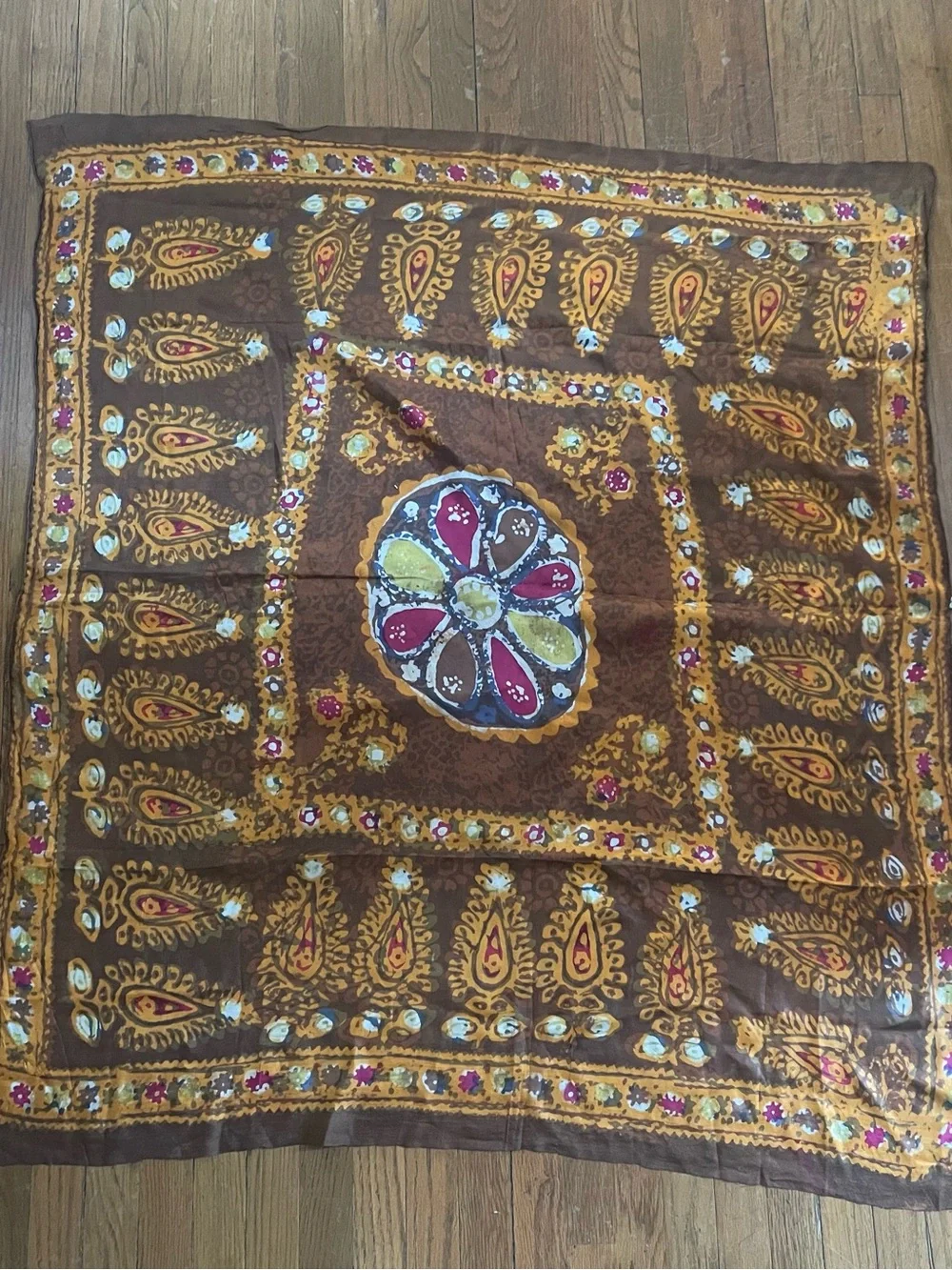 Vintage Pure Silk Govt Iran Paisley Square 45in scarf Brown Yellow Pink 70s